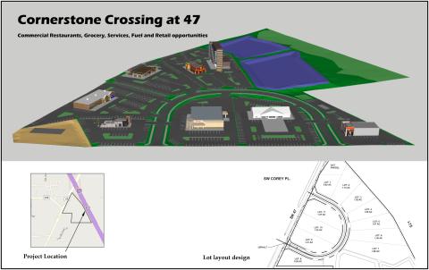 An artist’s rendering of the Cornerstone Crossing at 47 development, which will include commercial, restaurants, grocery and retail sites, according to developer Scott Stewart. Work at the site is expected to begin next year. (COURTESY)