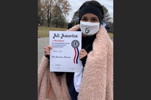 FGC freshman Merlin Leal received the All-America Award for finishing in the top 20 at the 2020 NJCAA Women’s Half Marathon Championship in Fort Dodge, Iowa, placing 19th with a time of 1:49:52.6 in the 13.1-mile race. (COURTESY)