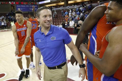 Florida's head coach Mike White celebrates after defeating Xavier 70-65 in the finals of the Charleston Classic on Nov. 24, 2019, in Charleston, S.C. The Gators didn’t have much fun last year. White is eager for his Gators to run and press like never before. Florida is scheduled to open their season on Nov. 25 in Connecticut. (AP FILE PHOTO)