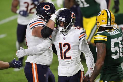 Bears wide receiver Allen Robinson is congratulated after catching a touchdown pass in the second quarter against the Packers on Nov. 29 in Green Bay, Wis. (CHRIS SWEDA/Chicago Tribune/TNS)