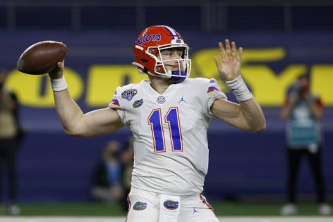 Florida quarterback Kyle Trask throws a pass during the first half of the team's Cotton Bowl game against Oklahoma in Dec. 30 Arlington, Texas. (RON JENKINS/Associated Press)