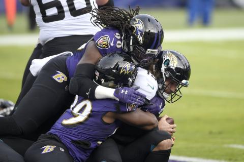 Jacksonville Jaguars quarterback Gardner Minshew II, right, is sacked for a safety by Baltimore Ravens linebacker Pernell McPhee (90) and linebacker Matthew Judon (99) on Sunday in Baltimore. (NICK WASS/Associated Press)