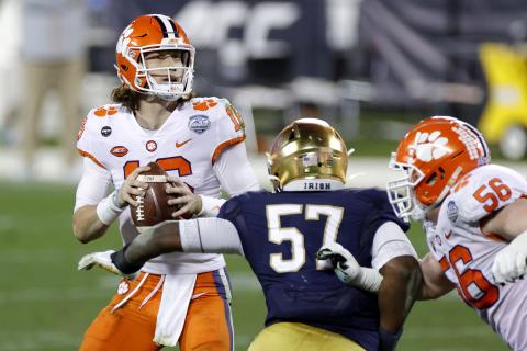 Clemson quarterback Trevor Lawrence (16) looks to pass in the fourth quarter against Notre Dame during the ACC Championship game at Bank of America Stadium on Dec 19 in Charlotte, N.C. (JARED C. TILTON/Getty Images/TNS)