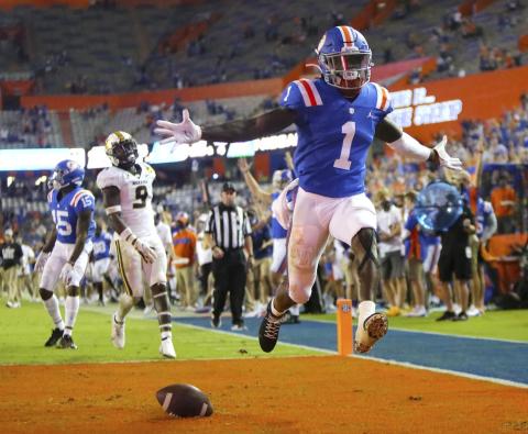 Florida receiver Kadarius Toney (1) celebrates a touchdown against Missouri on Oct. 31 in Gainesville. (BRAD MCCLENNY/AP File Pool Photo)