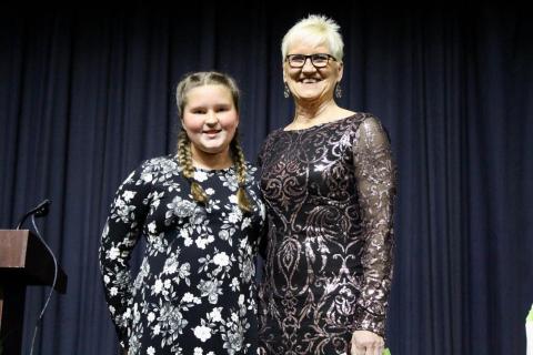 Suwannee Springcrest Elementary School’s Becky Skipper (right) was named the Suwannee County School District’s Teacher of the Year on Tuesday. Skipper was introduced by former student Makenzie Williams. (COURTESY SUWANNEE COUNTY SCHOOL DISTRICT)