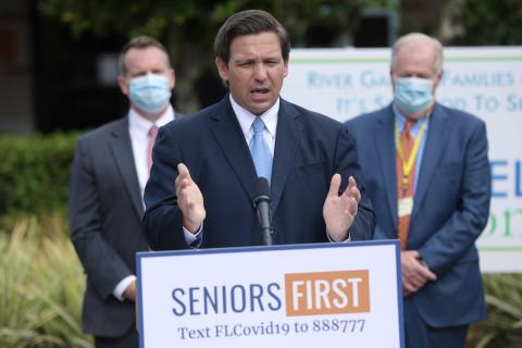 Florida Governor Ron DeSantis addresses the media Monday on the status of covid-19 vaccination rates in the state’s nursing homes and assisted living facilities. (BOB SELF/Florida Times-Union/TNS)