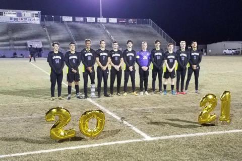 Columbia’s boys soccer team held Senior Night on Tuesday. Trey Hingson (from left), Marcos Medina Rodriguez, Daniel Lee, Bryant Rigdon, Cole Wehrli,  Ben Engle, Colby Strickland, John Saucer, Zach Dicks, Zack Strickland and Angel Gabriel-Perez were all recognized before the game. (COURTESY)