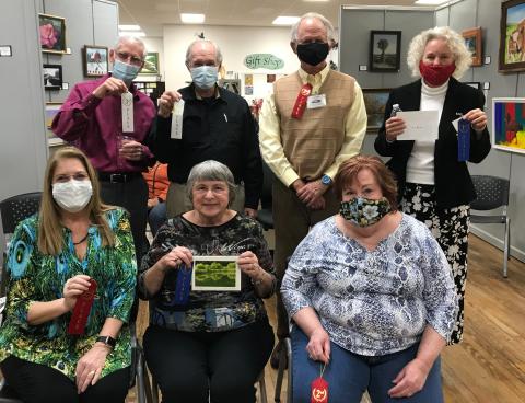 Winners from the Gateway Art Gallery members’ art show are, in front, Laura Hunter-Null (from left), Vicki D. Shanks, Brenda Kennedy; in back, Jim Riley, David Campione, Herb Ellis and Carol Cieslik. (COURTESY)