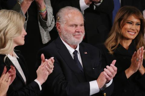 Radio personality Rush Limbaugh and wife Kathryn, left, attend the State of the Union address with first lady Melania Trump in the chamber of the U.S. House of Representatives on Feb. 4, 2020 in Washington, D.C. (MARIO TAMA/Getty Images/TNS)