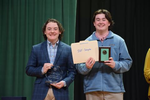 The Suwannee Valley Science Fair was held Thursday at Florida Gateway College with Fort White High School and Fort White Middle School taking home the top honors with the best overall winner in both the junior and senior divisions. Winning the Best Overall Senior Division Award were Fort White’s Trace Taylor (from left) and Trey Tyre for their project, ‘The Effect of a 1% Microflora Inoculant Soil Solution on Cucumber Nutrient Density, Plant Growth, and General Health.’ (COURTESY)