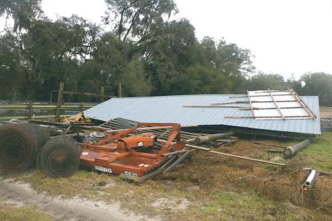 The barn on David Vining’s property was uprooted Monday afternoon by a tornado that blew through west central Columbia County. (MORGAN MCMULLEN/Lake City Reporter)