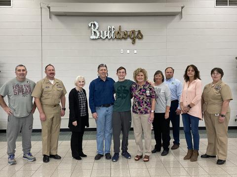 Celebrating Timothy Jolicoeur’s appointment to the United States Military Academy at West Point at Suwannee High on Thursday were teachers and staff that have helped the SHS senior receive that early admission. Those staff and teacher include coach John Wainwright, from left, Senior Chief Patrick Dawson, Tammy Boggus, Jay Jolicoeur (his father as well as science teacher), Jolicoeur, Melinda Griffith, Sandra Hurst, Ronnie Gray, Paula McMillan and Lt. Debra Kleinsmith. (COURTESY)