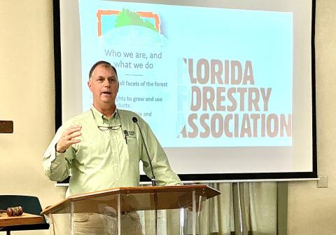 Alan Shelby, executive vice president of the Florida Forestry Association, speaks to the Rotary Club of Lake City during a presentation on Thursday. Shelby, and Lake City Rotarian and Florida Forestry Association President Carlton Jones, brought the program to the club. Forestry is a $100 million industry in Columbia County and the county has 700 forestry related jobs. (TODD WILSON/Lake City Reporter)