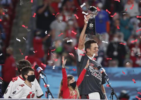Tampa Bay Buccaneers quarterback Tom Brady celebrates after winning Super Bowl LV against the Kansas City Chiefs on Sunday at Raymond James Stadium in Tampa. (STEPHEN M. DOWELL/Orlando Sentinel/TNS)