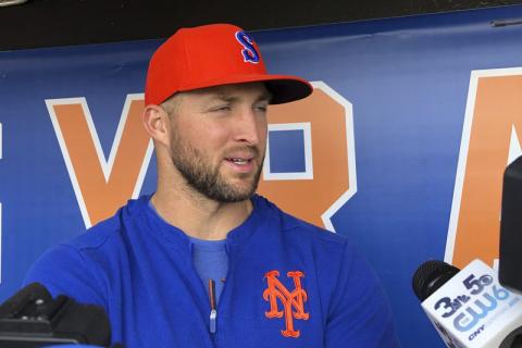 Syracuse Mets' Tim Tebow speaks with reporters prior to a minor league baseball game on may 16, 2019, in Syracuse, N.Y. Tebow had been invited to big league spring training by the New York Mets, taking one of 75 spots after Major League Baseball limited spring roster sizes as a coronavirus precaution. (AP FILE PHOTO)