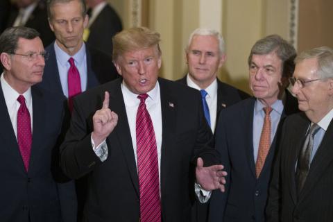 Sen. John Barrasso, R-Wyo., left, and Sen. John Thune, R-S.D., stand with President Donald Trump, Vice President Mike Pence, Sen. Roy Blunt, R-Mo., and Senate Majority Leader Mitch McConnell of Ky., as Trump speaks while departing after a Senate Republican Policy luncheon, on Capitol Hill on Jan. 9, 2019, in Washington. The Senate acquitted Trump on Saturday of inciting the Jan. 6 attack on the U.S. Capitol. (AP FILE PHOTO)