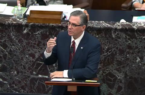 In this screenshot taken from a congress.gov webcast, Bruce Castor Jr., defense lawyer for former President Donald Trump, speaks on the fourth day of Trump’s second impeachment trial at the U.S. Capitol on Friday in Washington, DC. (CONGRESS.GOV/Getty Images/TNS)