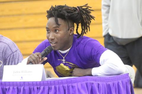 Columbia receiver Jaden Williams speaks during his signing ceremony on Wednesday. The 3-star prospect inked his LOI with Butler County Community College. (JORDAN KROEGER/Lake City Reporter)