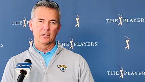 Jaguars coach Urban Meyer visited the Stadium Course at TPC Sawgrass on Friday during the second round of The Players Championship. (GARRY SMITS/Florida Times-Union/TNS)