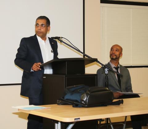 Madhukar Sharma, ACE Medical CEO and Joseph Ellyson, ACE Medical COO, prepare for a presentation to the Lake Shore Hospital Authority Board Wednesday evening about services the corporation could bring to the county. (TONY BRITT/Lake City Reporter)