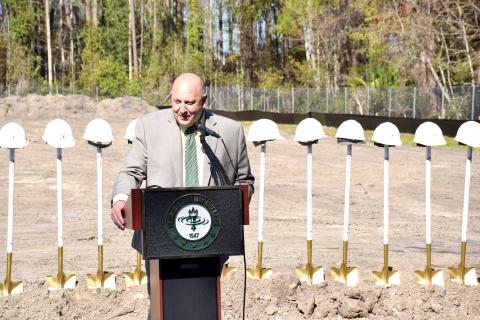 Florida Gateway College President Larry Barrett speaks Friday at the groundbreaking ceremony for the college’s new STEM building. (COURTESY)