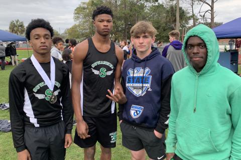 Suwannee’s 4x400 relay team placed third at the Santa Fe Invitational on Saturday. Pictured are Ahman Philmore (from left), Brian Fuery, Garrison Beach and Brandon Pratt. (COURTESY)