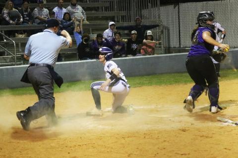 Columbia second baseman Anissa Penniman is called out at home plate during the first inning of Thursday's game against Gainesville. (JORDAN KROEGER/Lake City Reporter)