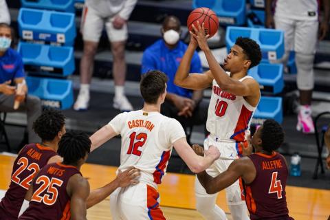 Florida guard Noah Locke (10) shoots against Virginia Tech in the first round game of the NCAA Tournament at Hinkle Fieldhouse on March 19 in Indianapolis. (MICHAEL CONROY/Associated Press)