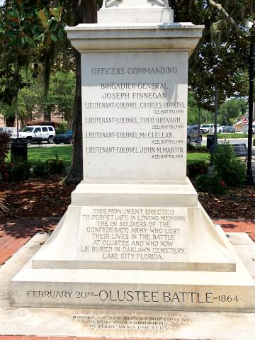 The Battle of Olustee Confederate monument sits in downtown Olustee Park, which a legal opinion provided to City of Lake City officials claims is Columbia County property. (FILE)