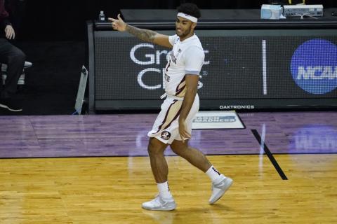 Florida State guard Anthony Polite (2) celebrates a 3-pointer against Colorado during a second-round game in the NCAA Tournament at Farmers Coliseum on March 22 in Indianapolis. (CHARLES REX ARBOGAST/Associated Press)