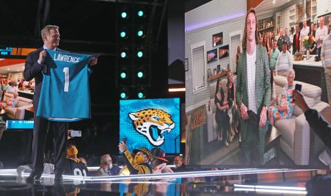 NFL Commissioner Roger Goodell congratulates quarterback Trevor Lawrence on being selected as the first pick in the 2021 NFL Draft by the Jacksonville Jaguars on Thursday in Cleveland. (JOHN KUNTZ/cleveland.com)