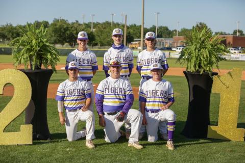 Columbia seniors Mason Gray (back row going clockwise), Bryant Green, Parker Steele, Ty Wehinger, Reagan McCormick and Cole Williams were honored for Senior Night prior to Thursday’s game against Hamilton County. (BRENT KUYKENDALL/Lake City Reporter)