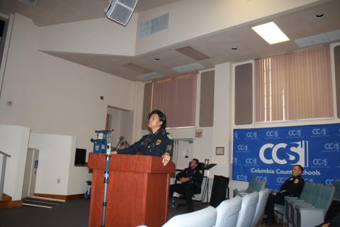 Lake City Police Chief Argatha Gilmore address the Lake City Council during a workshop Monday. (TONY BRITT/Lake City Reporter)