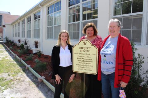 The Suwannee River Water Management District provided grant funding to the Columbia County School District for the ‘Quality Water, Quality Life’ project at the Columbia Career and Adult Education center. Pictured are Lindsey Covington (from left), the communications and outreach coordinator for the SRWMD, and Janora Crow and Kaye Johnson from Columbia Career and Adult Education. (COURTESY)