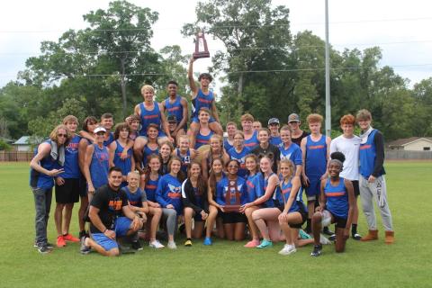 Branford’s boys and girls track and field teams are pictured after Saturday’s District 5-1A meet. The boys won their first title since 2009, while the girls finished runner-up. (COURTESY)