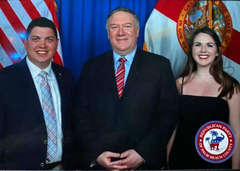 Hunter Peeler (from left) stands with former Secretary of State Mike Pompeo and Taylor Sikes at a Mar-a-Lago event. (COURTESY)