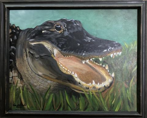 A framed painting of an alligator painted by Lara Wehrli during her six-week hiatus from her job as a dental hygienist will be part of an exhibit at Gateway Art Gallery starting Friday. (COURTESY)