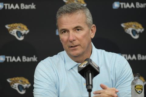 Jaguars head coach Urban Meyer listens to a question during a press conference last Friday at TIAA Bank Field. (BOB SELF/Florida Times-Union/TNS)