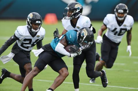 Jacksonville Jaguars receiver Terry Goodwin tries to get past cornerbacks Josiah Scott (24) and Luq Barcoo (3) during drills at in a practice session at TIAA Bank Field on Aug, 29, 2020, in Jacksonville. (BOB SELF/Florida Times-Union)