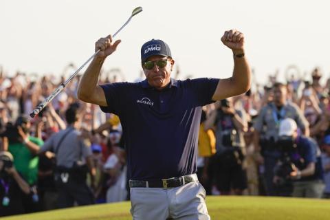 Phil Mickelson celebrates after winning the PGA Championship on the Ocean Course on Sunday in Kiawah Island, S.C. (DAVID J. PHILLIP/Associated Press)