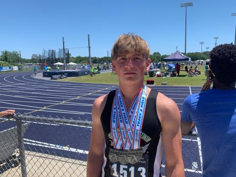 Suwannee track & field athlete Garrison Beach is pictured with his three medals from the Class 2A state meet on Saturday after placing fifth in the javelin, sixth in the 300 hurdles and eighth in the 110 hurdles. (COURTESY)