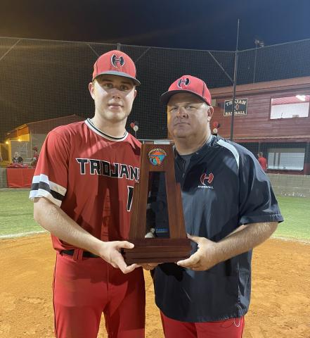 Chris Howard (right) is pictured with his son Brent Howard after Hamilton County won the District 6-1A title this past season. Howard has agreed to take over as Columbia’s new baseball coach, pending school board approval. Brent will be joining him as a senior as well. (COURTESY)