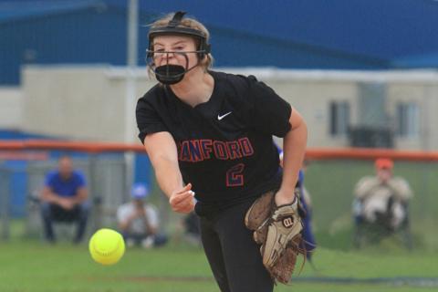 Branford pitcher Laila Arnold unloads a pitch against Taylor County during the Region 3-1A final on Tuesday. (PAUL BUCHANAN/Special to the Reporter)