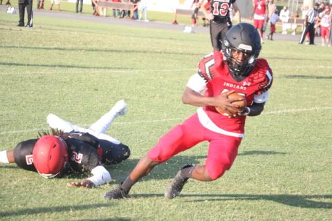 Fort White receiver Najeeb Smith breaks away for what he thought was a 50-yard touchdown during Thursday’s spring game against Lafayette. The score was called back for holding. (MORGAN MCMULLEN/Lake City Reporter)