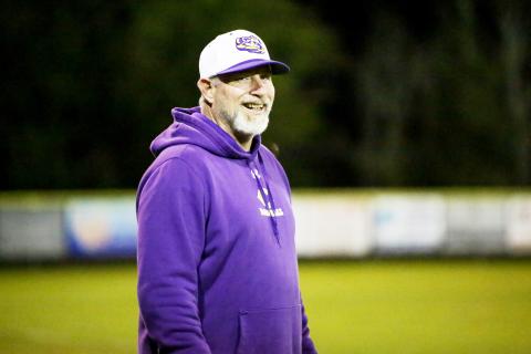 Columbia coach Brian Thomas cracks a smile during his team’s game against Bradford on March 3. (BRENT KUYKENDALL/Lake City Reporter)