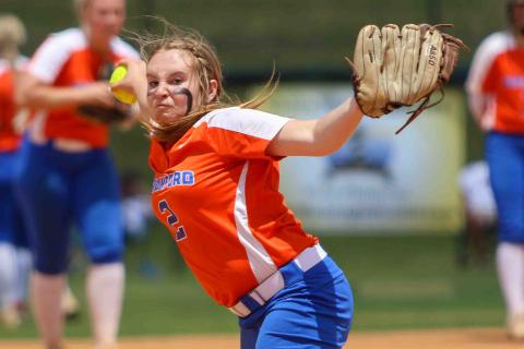 Branford pitcher Laila Arnold winds up to pitch against Trenton in the Class 1A state semifinals on May 17. (WILL TURNER/Special to the Reporter)