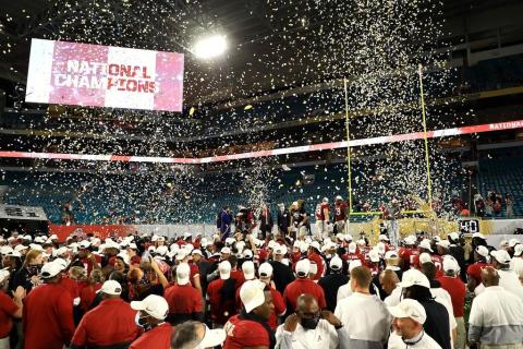 Alabama celebrates after defeating Ohio State 52-24 in the College Football Playoff National Championship game at Hard Rock Stadium on Jan. 11 in Miami Gardens. (MIKE EHRMANN/Getty Images/TNS)