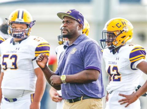 Columbia coach Brian Allen signals in a play during a game against Oakleaf in 2019. Allen has resigned as Columbia's head coach after 10 seasons at the helm. (FILE)