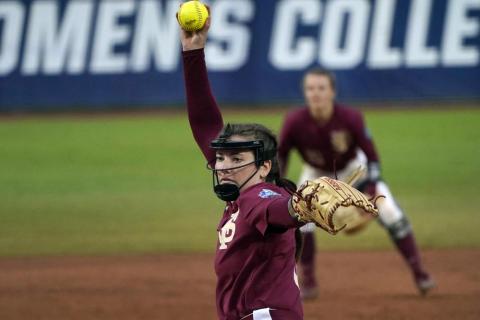 Florida State pitcher Kathryn Sandercock delivers a pitch against Alabama in the seventh inning of Sunday's Women's College World Series in Oklahoma City. (SUE OGROCKI/Associated Press)