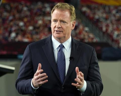 NFL Commissioner Roger Goodell talks during a ceremony as part of Super Bowl 55 on Feb. 5 in Tampa. (AP FILE)